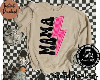 ORIGINAL CREATOR* Mama Lightning Bolt PNG Digital download| Western | Western png | Rock N Roll Tee | Mama Tee | Pink checkered | Neon Bolt