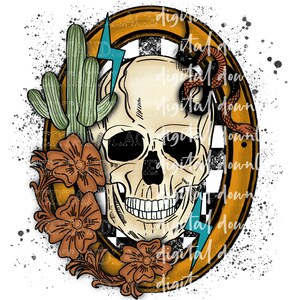 May include: A white skull with a toothy grin is surrounded by a yellow horseshoe frame with a black and white checkered pattern. A snake wraps around the top of the frame, and a cactus and flowers are on the left side of the skull. A blue lightning bolt is on the right side of the skull.
