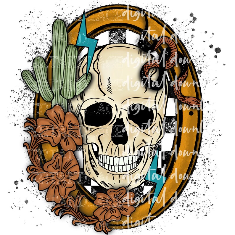 May include: A white skull with a toothy grin is surrounded by a yellow horseshoe frame with a black and white checkered pattern. A snake wraps around the top of the frame, and a cactus and flowers are on the left side of the skull. A blue lightning bolt is on the right side of the skull.