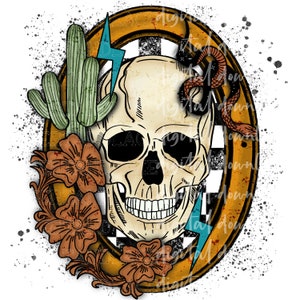 May include: A digital illustration of a skull with a snake wrapped around it, surrounded by cacti, flowers, and a checkered pattern inside a gold oval frame.