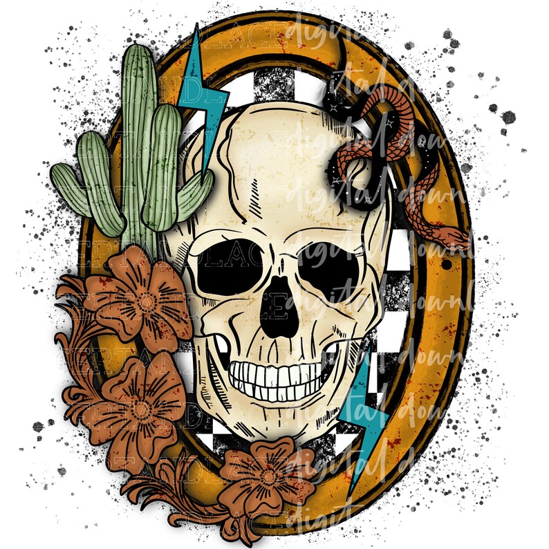 May include: A digital illustration of a skull with a snake wrapped around it, surrounded by cacti, flowers, and a checkered pattern inside a gold oval frame.