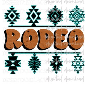 Op de afbeelding: Een digitaal ontwerp met het woord "RODEO" in bruin met een verweerde textuur. Het woord wordt omringd door een turquoise lijn en vier zwart-witte geometrische ontwerpen met turquoise accenten.