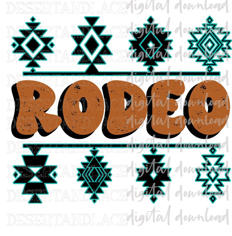 Op de afbeelding: Een digitaal ontwerp met het woord "RODEO" in bruin met een verweerde textuur. Het woord wordt omringd door een turquoise lijn en vier zwart-witte geometrische ontwerpen met turquoise accenten.