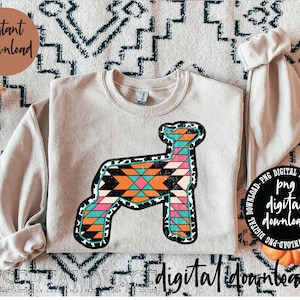 May include: A digital download of a graphic design featuring a stylized silhouette of a sheep with a geometric pattern in shades of orange, pink, turquoise, and black. The sheep is outlined in black with a white leopard print border. The design is perfect for creating t-shirts, mugs, tote bags, and other crafts.