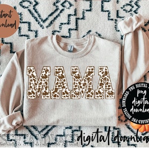 ORIGINAL CREATOR* Distressed Brown Cowprint Mama PNG digital download | Western png | Mama University Font | Cowhide | Distressed Mama |