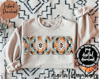 ORIGINAL CREATOR* Distressed Aztec Teacher PNG digital download | Western png | Teacher University Font | Aztec pattern | Distressed Teach |
