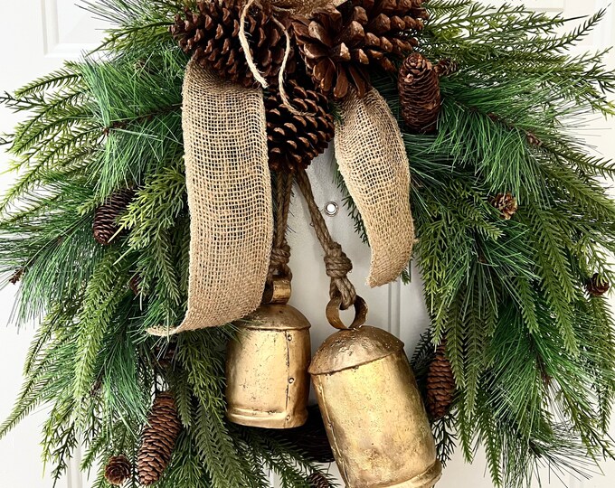 Christmas Wreath With Bells, Gold Bell Christmas Wreath, Christmas Door
