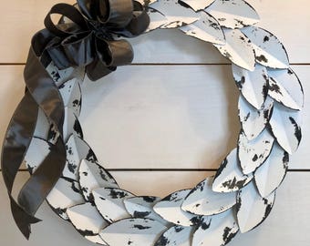 White metal wreath, metal wreath, farmhouse wreath, vintage wreath, rustic wreath, rustic wall decor, mid century modern decor, gift, wreath