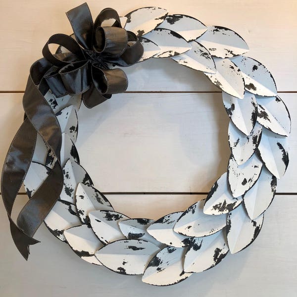 White metal wreath, metal wreath, farmhouse wreath, vintage wreath, rustic wreath, rustic wall decor, mid century modern decor, gift, wreath