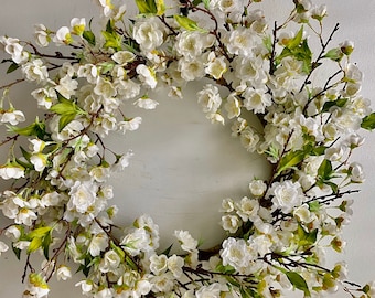 Cherry blossom wreath, farmhouse wreath, white floral wreath, front door wreath, Easter wreath, summer wreath, spring wreath, door wreath