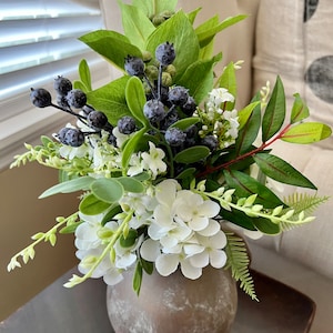 Small hydrangea and blueberry arrangement, bedroom arrangement, farmhouse table decor, farmhouse arrangement,blueberries, gift, arrangement