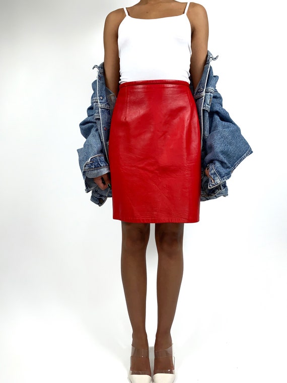 VINTAGE 80s Red Leather Pencil Skirt Size Small