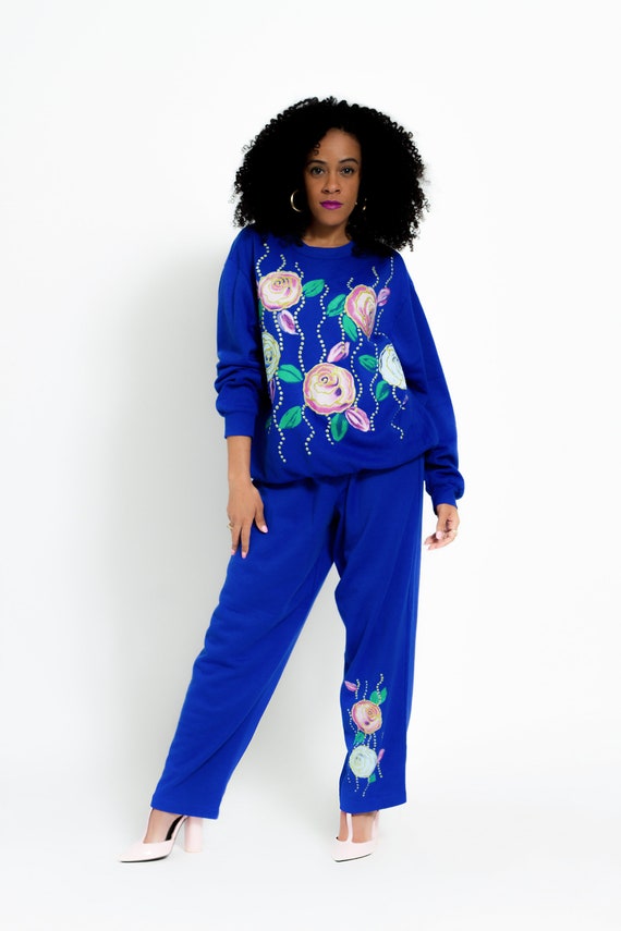 VINTAGE 90s Blue Floral Two Piece Set Size Large