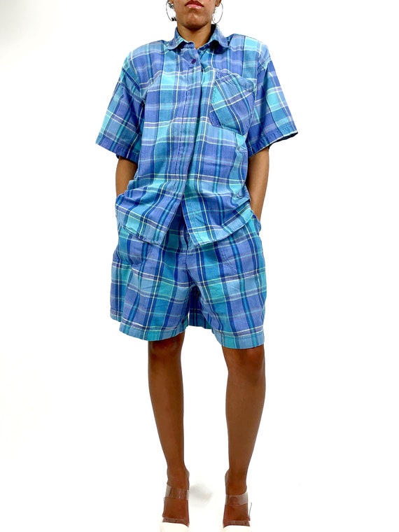 VINTAGE 90s Blue Plaid Two Piece Shorts Set Size L