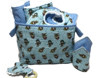 Baby Shower Gift Basket, 9 piece set, baby gift, Baby Accessories, Sock Monkey Blanket, Burp Cloths, Baby Bibs, bunny blanket, Diaper Caddy