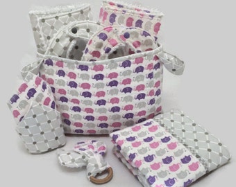 Baby Shower Gift Basket, 9 Piece Set, Baby Accessories, Baby Blanket, Burp Cloths, Baby Bibs, Elephant Blanket, Diaper Caddy, Baby Gift