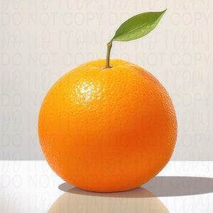 May include: A bright orange with a single green leaf on top, sitting on a white surface.