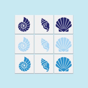 May include: Nine white tiles with blue and light blue seashell designs. The tiles feature different styles of seashells, including spiral, clam, and scallop shapes.