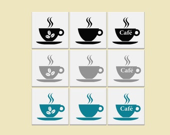 Kitchen Tile Stickers COFFEE CUPS Vinyl Wall Stickers Vinyl Decals Wall Transfers - Pack 18, 36, 72 *Three Designs Choice of 20 Colours*