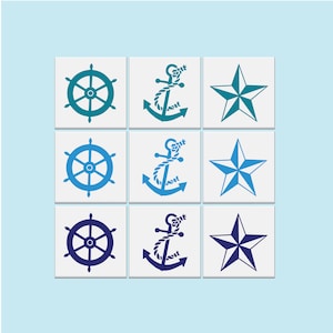 May include: Nine white tiles with nautical themed blue and teal illustrations. The tiles feature a ship's wheel, an anchor, and a nautical star.