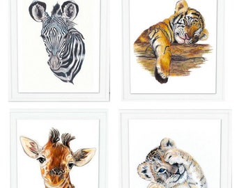 Safari Animals Set de 4 grabados infantiles, arte mural para niños, arte mural para niños, estampados para animales