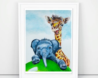 Zoo Animals Nursery Wall Art, Giraffe, Elephant Artwork,