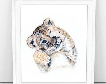 Impression d'art bébé lion : décoration murale animal de safari pour chambre d'enfant
