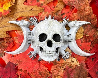 Norse Skull Moons Wall Art, Vegvisir Sculpture, Skull Moon, Crows, Huginn and Muninn, Norse Witch, Freyja, Samhain and Halloween Wall Art