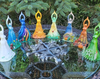 Wheel of the Year - 8 hand-painted goddess statues gather around a Wheel of the Year, representing the sabbats, esbats, 4 elements, zodiac +