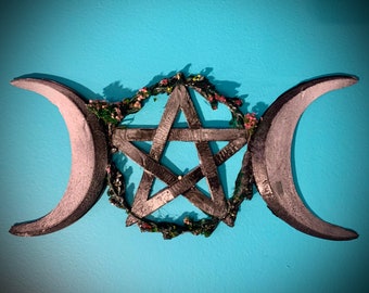 Arte mural de la Triple Diosa con pentagrama, Luna Pentáculo, Escultura de la Triple Diosa Lunar, Pentagrama Wicca, Símbolo del Pentáculo, Decoración de pared mística