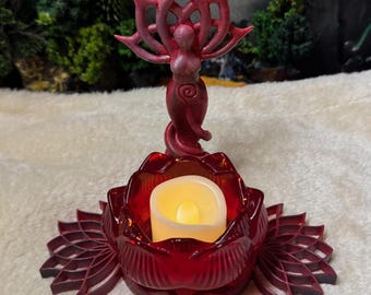 Sacred Lotus Trio: Lotus Themed Triple Moon Meditation Altar, Candle/Votive Holder, and Spiral Goddess Statue Set