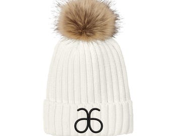 Embroidered Beanie Hats with Furry Pom
