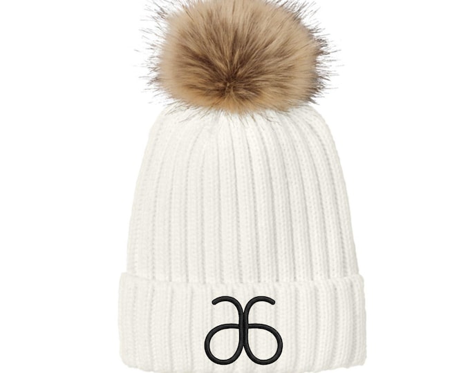Featured listing image: Embroidered Beanie Hats with Furry Pom
