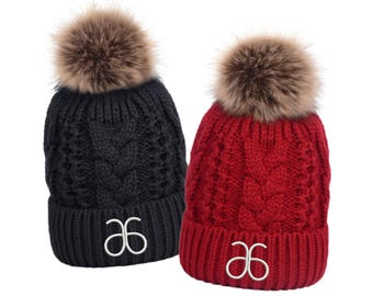 Embroidered Beanie Hats with Furry Pom