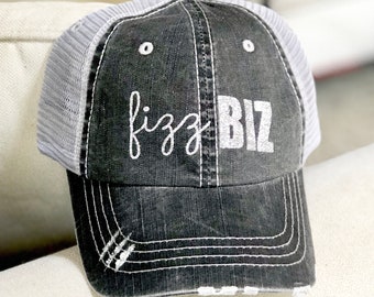 Fizz Biz Hat Distressed Dark Grey Fizz Biz Trucker Hat w/Silver Glitter Hat for Team Gift