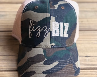 Khaki Camo Trucker Hat w/Champagne Glitter Fizz Biz
