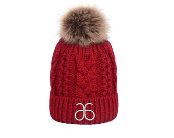 Embroidered Beanie Hats with Furry Pom
