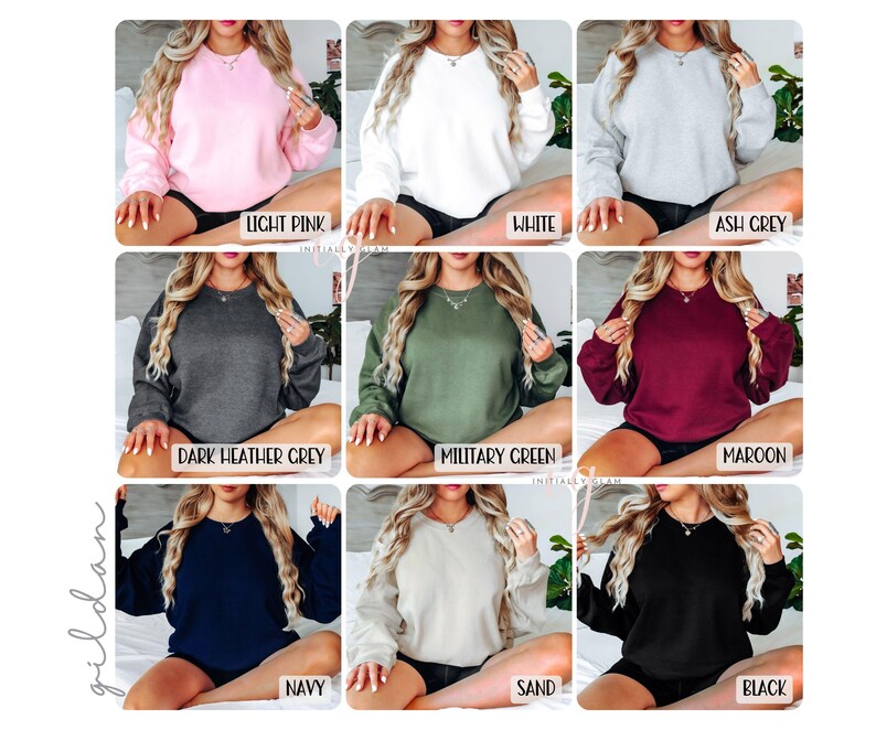 May include: A collage of ten images showcasing different color options for a basic crew neck sweatshirt. The colors include light pink, white, ash grey, dark heather grey, military green, maroon, navy, sand, and black.
