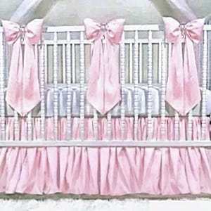 Lt. Pink Taffeta or Satin Baby Bedding Girl&#39;s Crib Set - Baby Pink - Gathered Skirt - Bows with long Sashes - Free shipping!