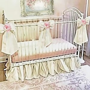 Baby Bedding, Ivory Taffeta Crib Set with Bows and Sashes