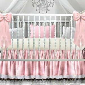 Pink Gingham Crib Bedding Set: Cotton Lace, Bow Accents