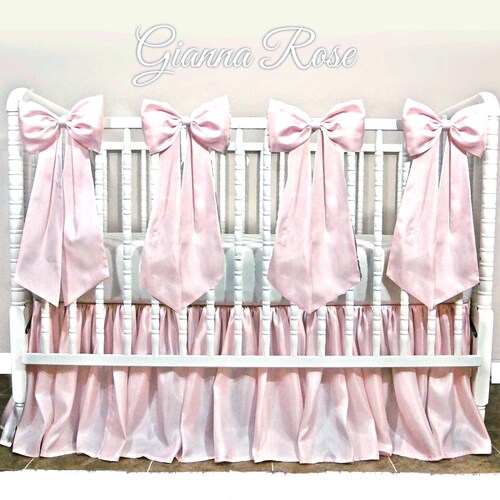 Girl Crib Bedding - Pearl Pink Crib Skirt Set with Large Silky Taffeta Bows with long sashes - Free shipping!