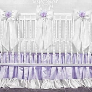 Lavender and White Silky style Crib Skirt with White Ruffle and 2 or 3 Bows with center Rose and hanging Crystal!- Free shipping!