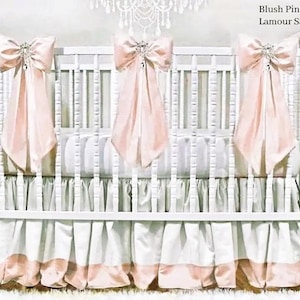 Baby Bedding, Blush Pink & White Crib Set: Taffeta Bows, Lamour Satin Skirt