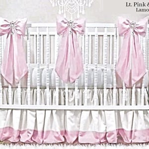 Baby Bedding, Pink & White Crib Set: Taffeta Bows, Lamour Satin Skirt
