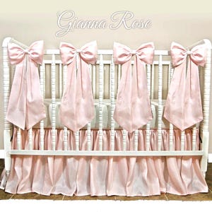 Girl Crib Bedding - Blush Pink Crib Skirt Set with Large Silky Taffeta Bows with long sashes - Free shipping!