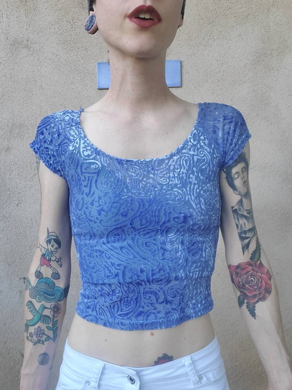 Women's Vintage 80's Crop top, Blue Nylon Velvet "