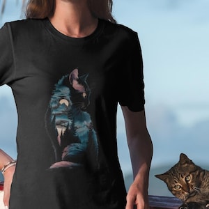 Nature Cat Silhouette T-Shirt • Forest & Mountain Cat Graphic Tee • Artistic Animal Lovers Shirt • Unique Wildlife Cat Shirt