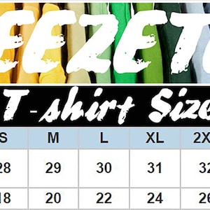 May include: Unisex t-shirt size chart with measurements in inches for body length and width. Sizes range from S to 4XL.