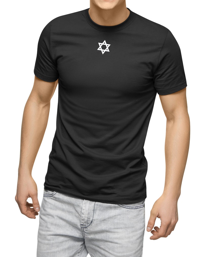 May include: A black t-shirt with a white Star of David on the front.
